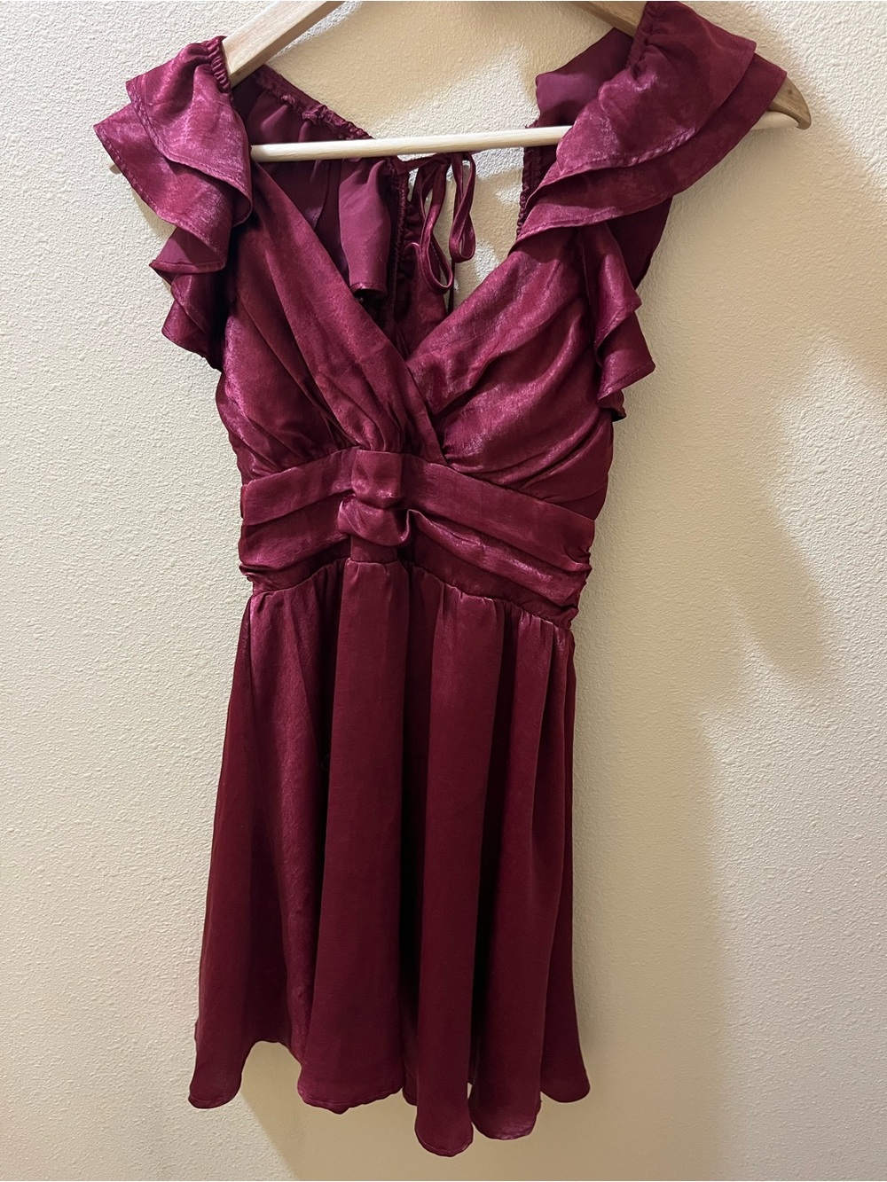 Altar'd State Burgundy Ruffled V-Neck Mini Dress